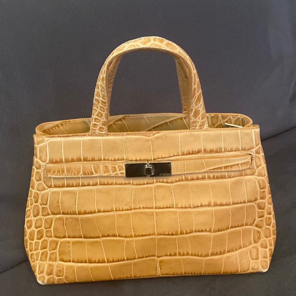 FURLA Faux-Croc Handbag, Camel Color, Gently Used, small imperfections